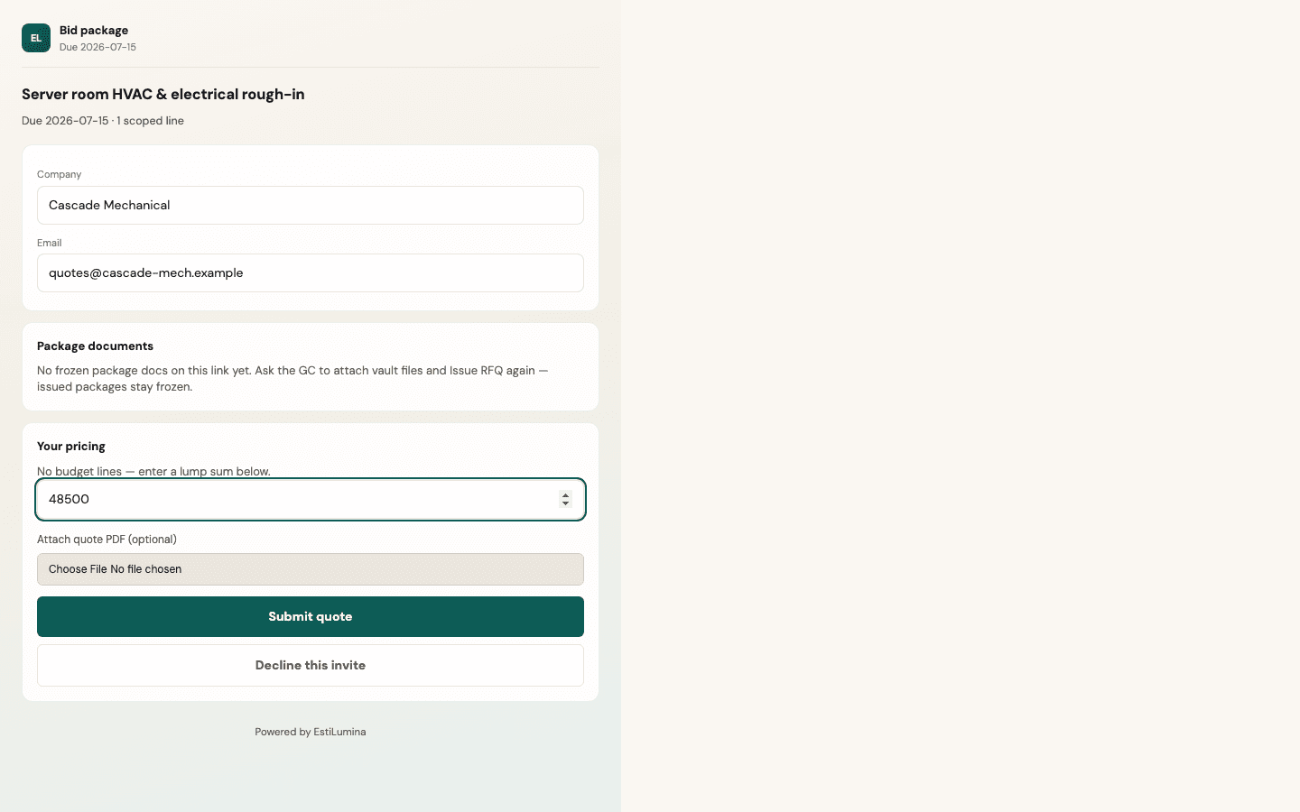 Trade bid portal · what the trade sees