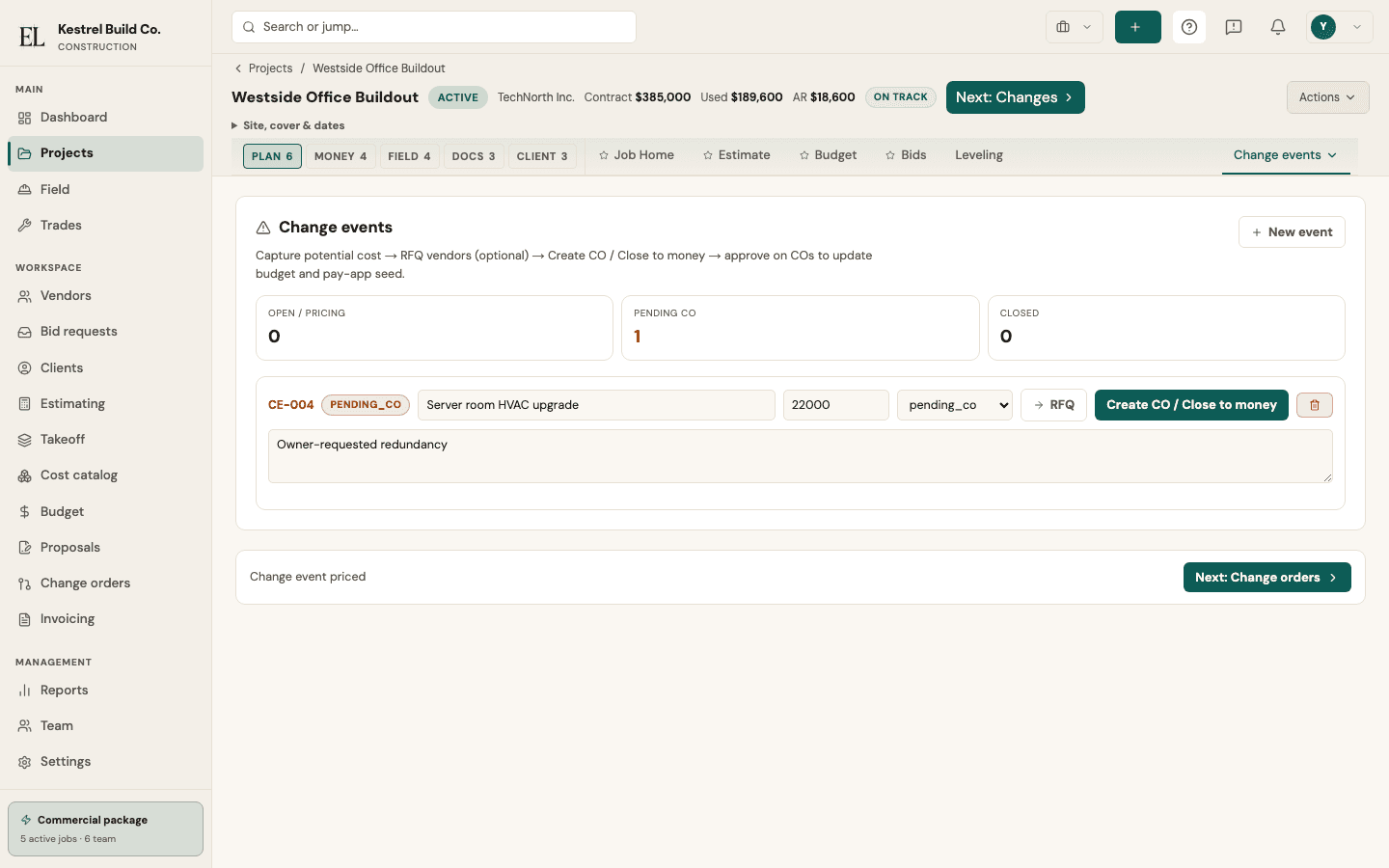 EstiLumina Change orders & events — live product
