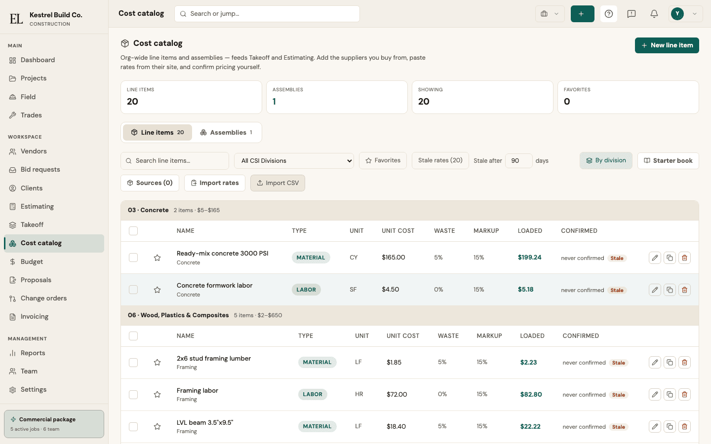 EstiLumina Cost catalog — live product