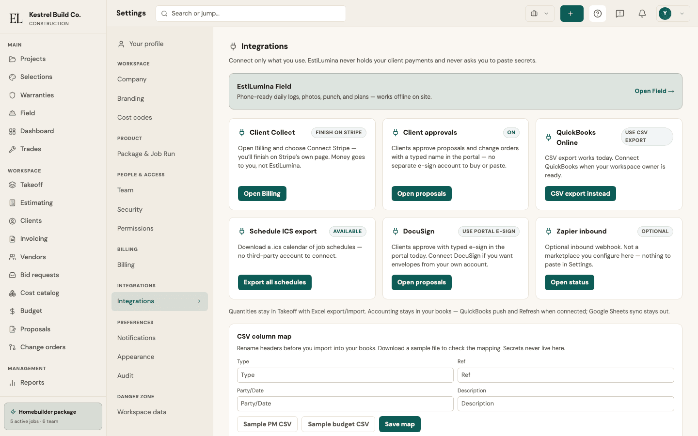 EstiLumina settings integrations — live product
