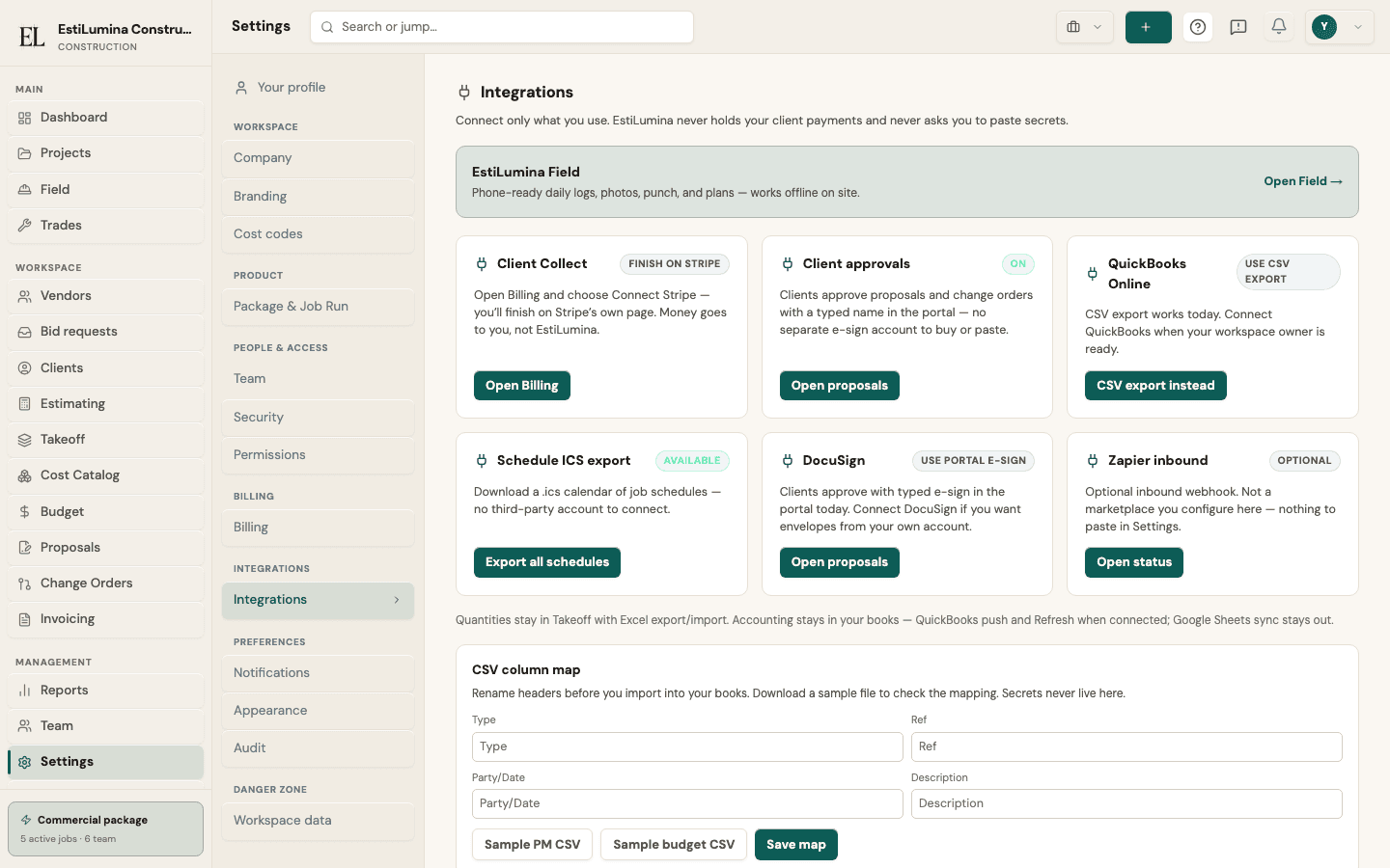 EstiLumina settings integrations — live product