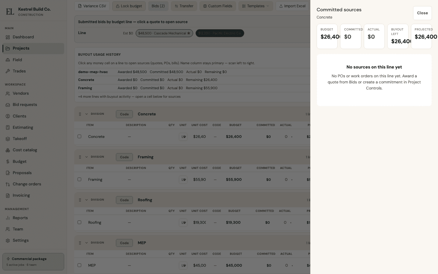 EstiLumina job-cost drill-down — live product