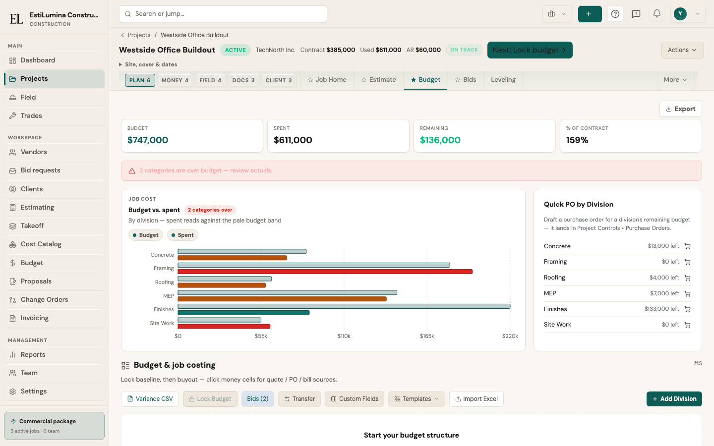 EstiLumina job-cost drill-down — live product