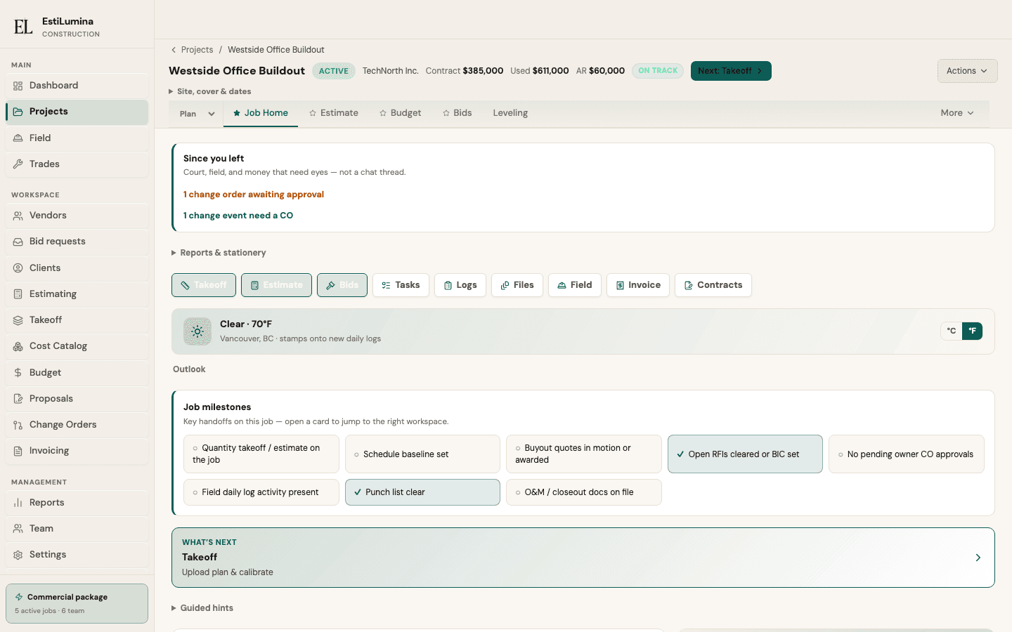 EstiLumina Job Home — live product